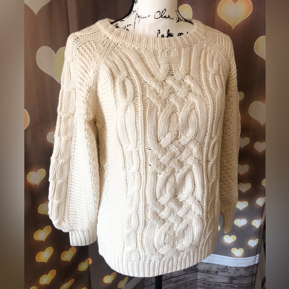 Sweater cable knit lantern sleeve cream white womens long sleeve top - Picture 8 of 14